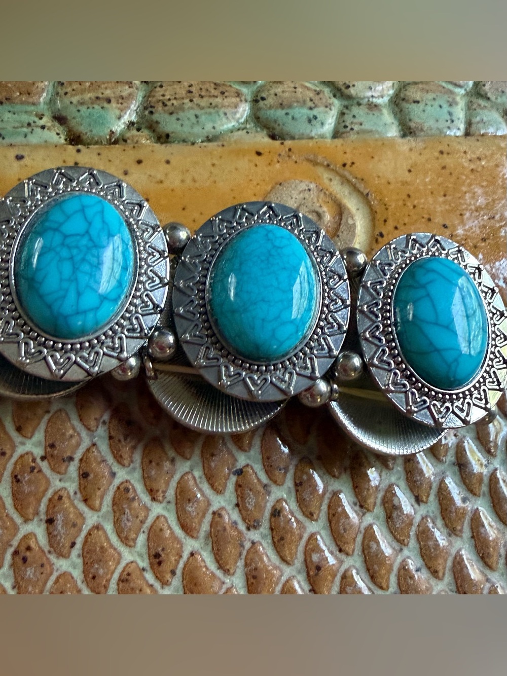 Turquoise Oval Stone Silver-Tone Bracelet